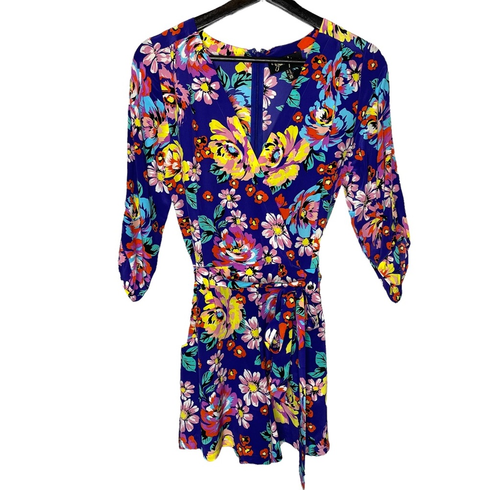 Yumi Kim | Liz Floral Print Romper Roll Tab Sleeves Blue Yellow Size XS